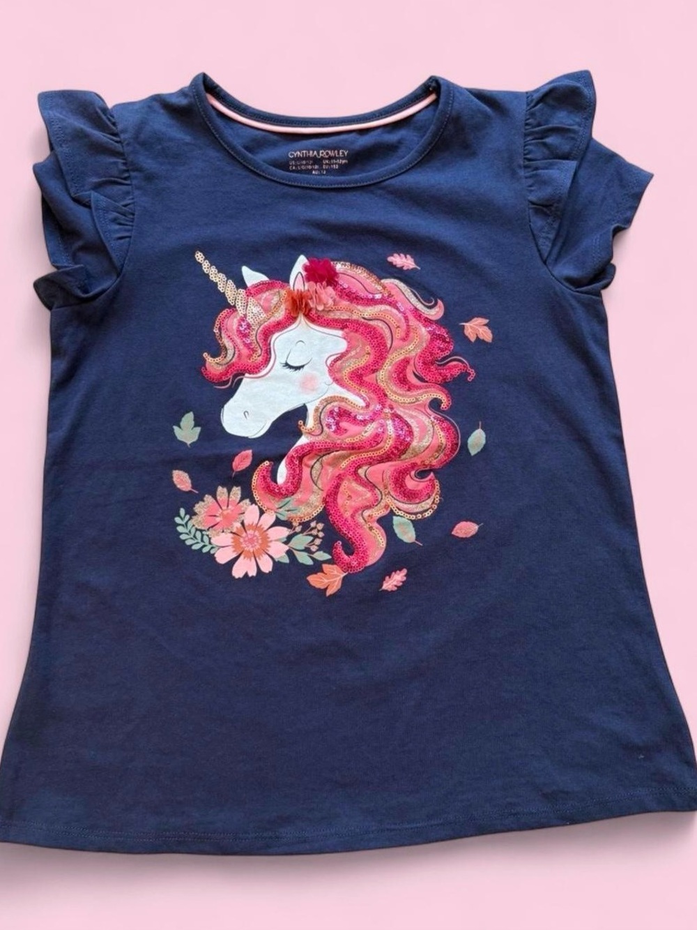 Cynthia Rowley Girls L 10 12 Sequin Unicorn Shirt Flutter Sleeve Navy Blue Top